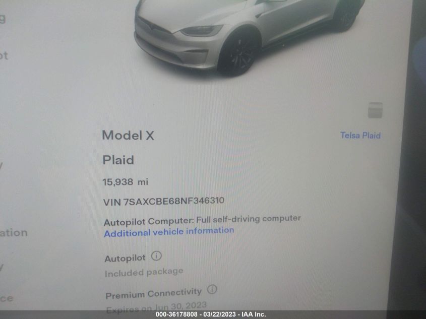 2022 TESLA MODEL X PLAID - 7SAXCBE68NF346310