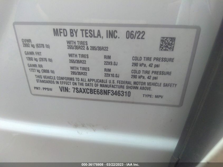2022 TESLA MODEL X PLAID - 7SAXCBE68NF346310