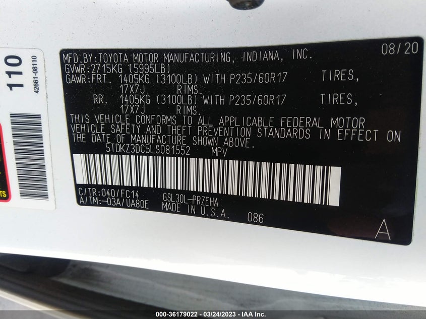 VIN 5TDKZ3DC5LS081552 2020 TOYOTA SIENNA LE
