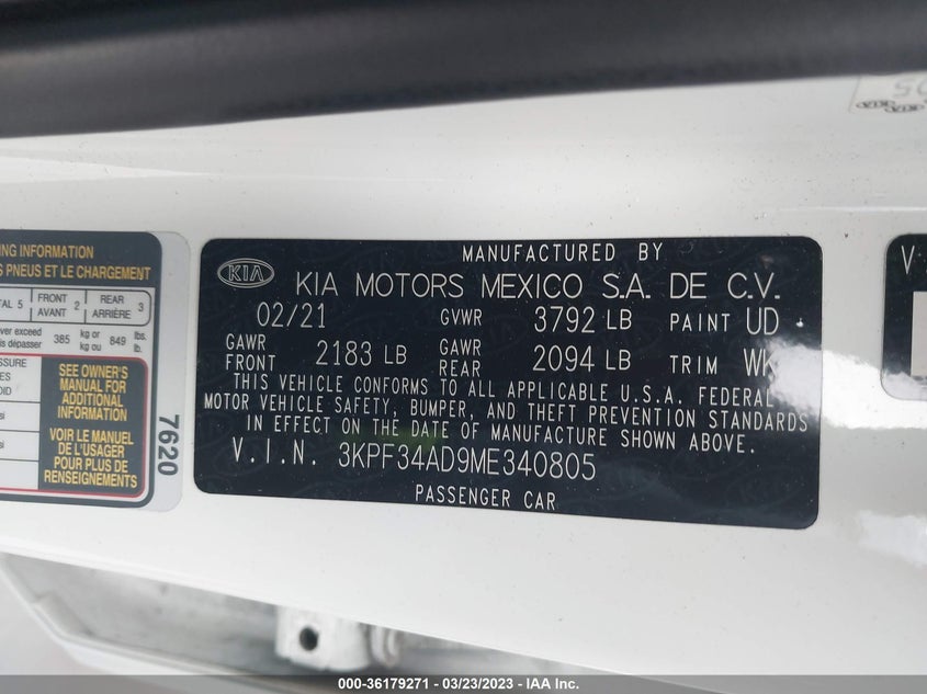 2021 KIA FORTE 2.0L 4-CYLINDER MPI (VIN: 3KPF34AD9ME340805