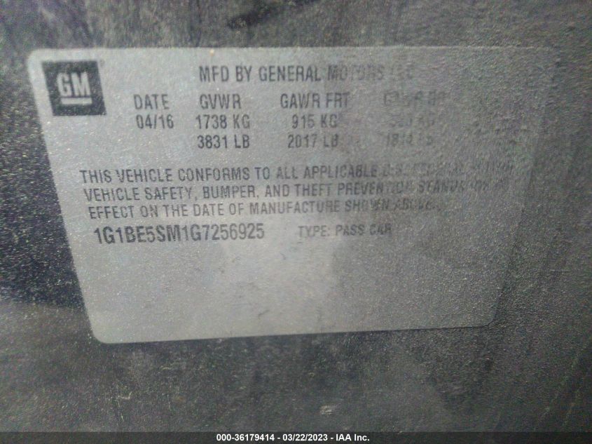 2016 CHEVROLET CRUZE LT - 1G1BE5SM1G7256925