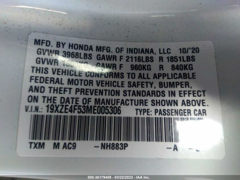 2021 HONDA INSIGHT EX 19XZE4F53ME005306