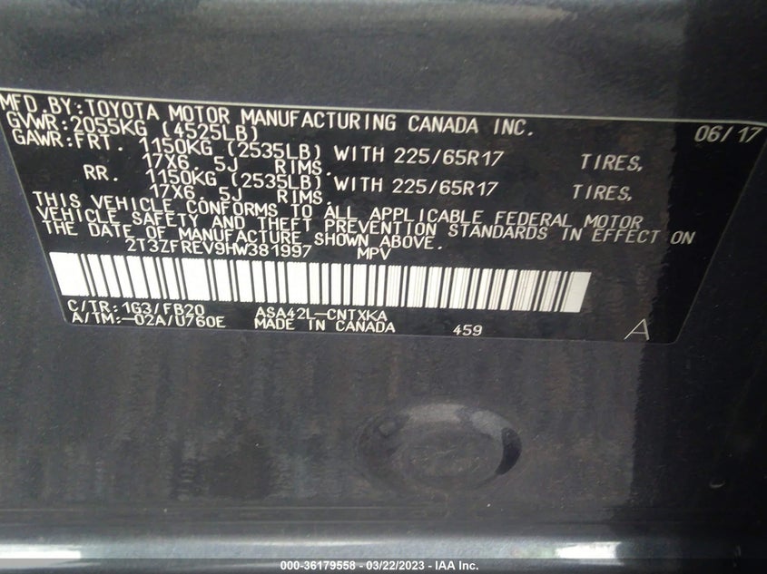 VIN 2T3ZFREV9HW381997 2017 TOYOTA RAV4 LE