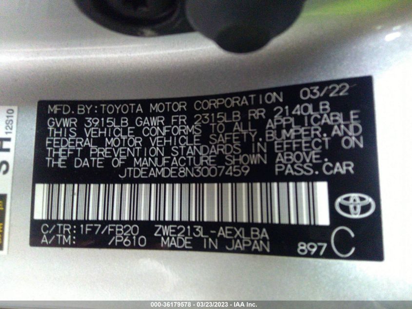 2022 TOYOTA COROLLA HYBRID LE - JTDEAMDE8N3007459