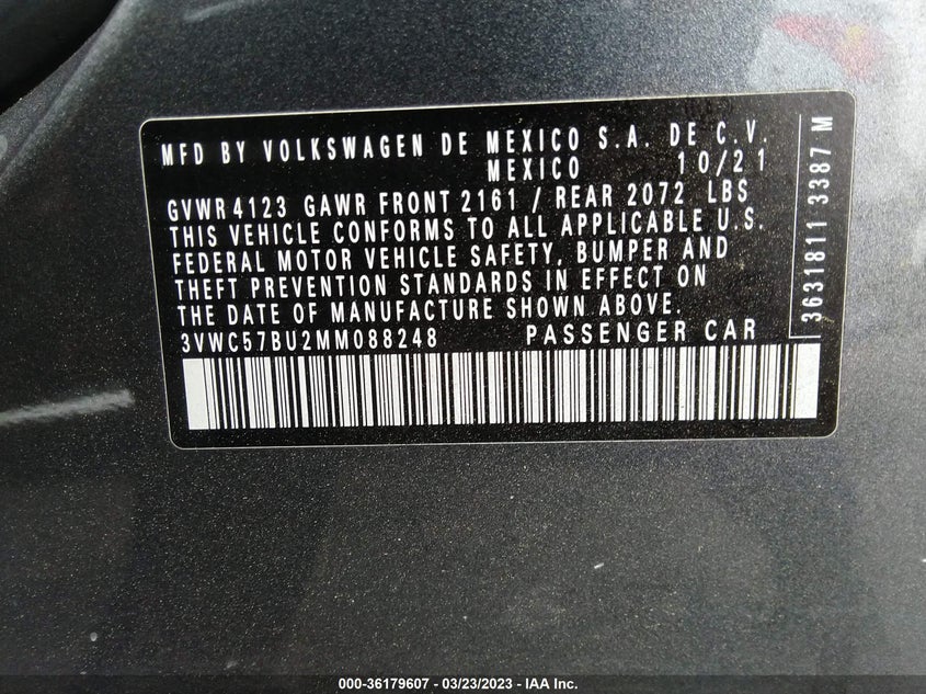 VIN 3VWC57BU2MM088248 2021 VOLKSWAGEN JETTA S/SE/R-LINE