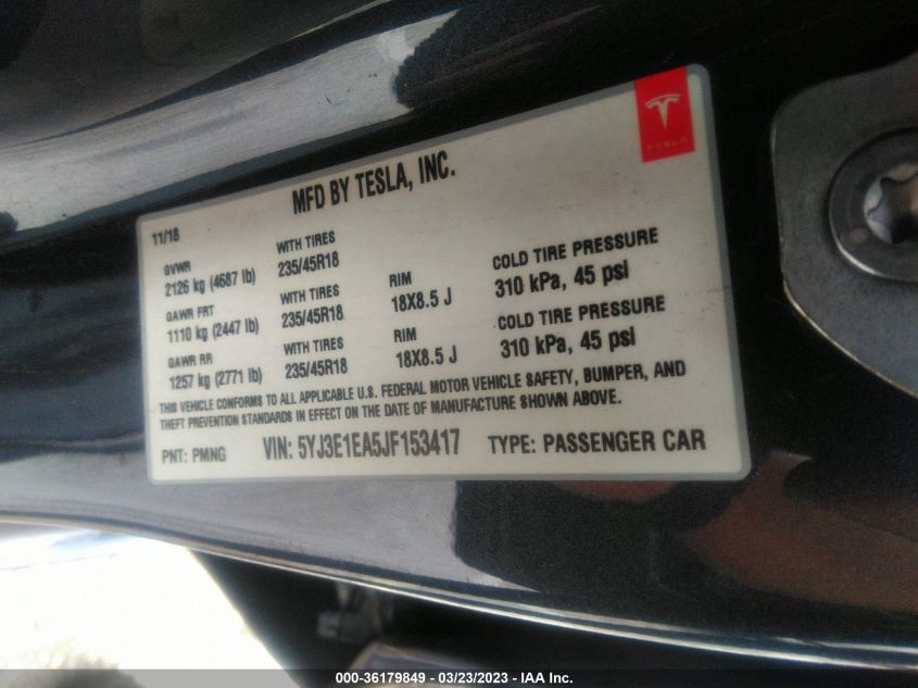 2018 TESLA MODEL 3 RANGE BATTERY - 5YJ3E1EA5JF153417