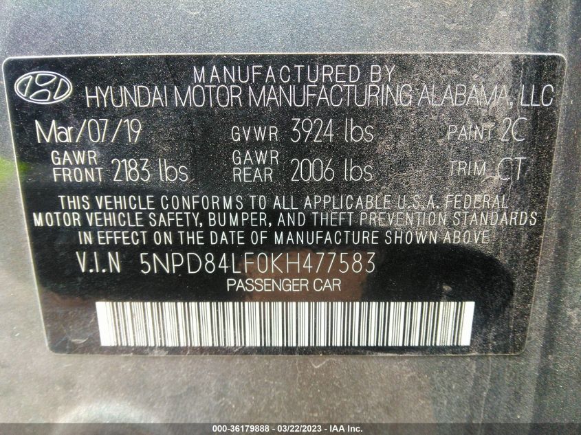 2019 HYUNDAI ELANTRA SEL - 5NPD84LF0KH477583