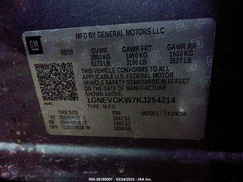 2019 CHEVROLET TRAVERSE LT CLOTH - 1GNEVGKW7KJ254214