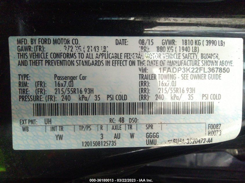 2015 FORD FOCUS SE - 1FADP3K22FL367850