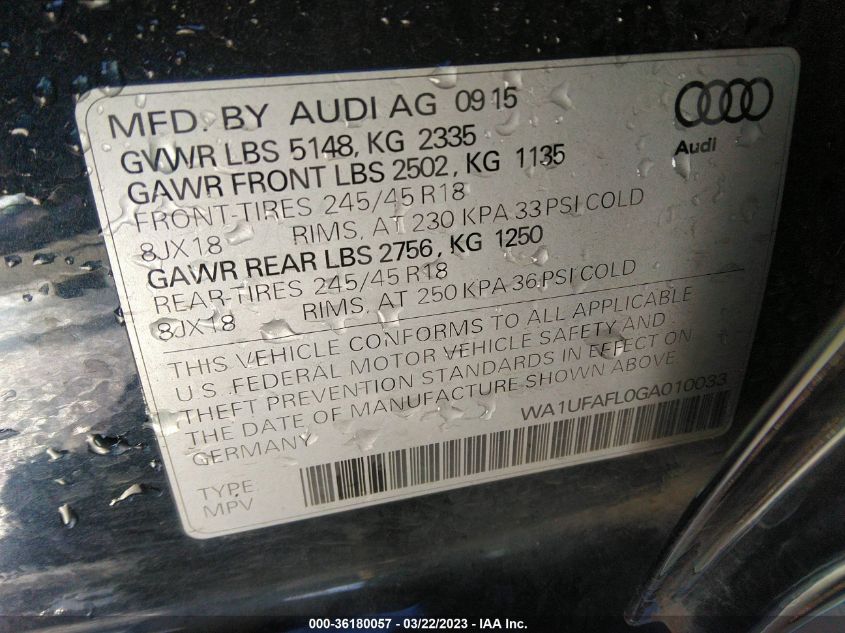 2016 AUDI ALLROAD PREMIUM PLUS WA1UFAFL0GA010033