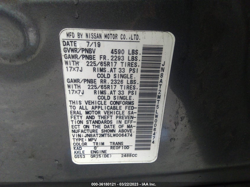 VIN JN8AT2MT5LW006474 2020 NISSAN ROGUE S