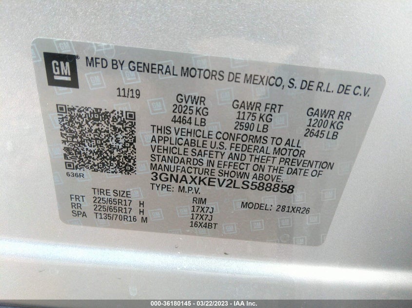 VIN 3GNAXKEV2LS588858 2020 CHEVROLET EQUINOX LT