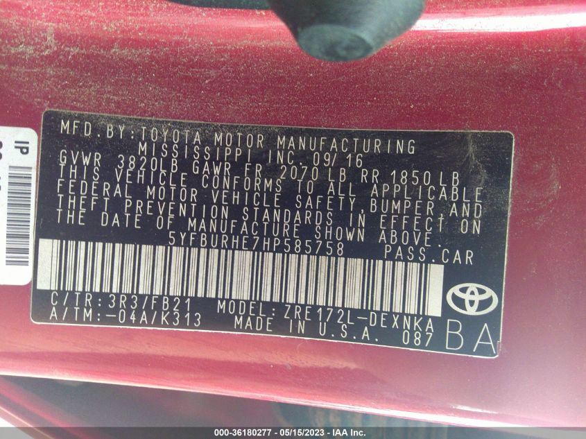 2017 TOYOTA COROLLA L/LE/XLE/SE - 5YFBURHE7HP585758