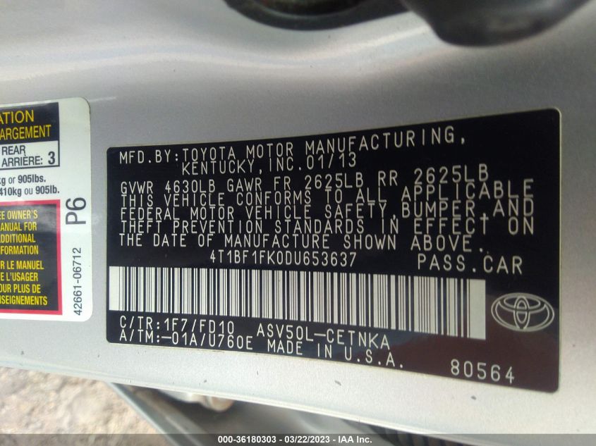 2013 TOYOTA CAMRY L/LE/SE/XLE - 4T1BF1FK0DU653637