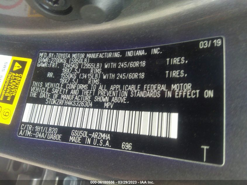 2019 TOYOTA HIGHLANDER SE/XLE - 5TDKZRFH4KS326304