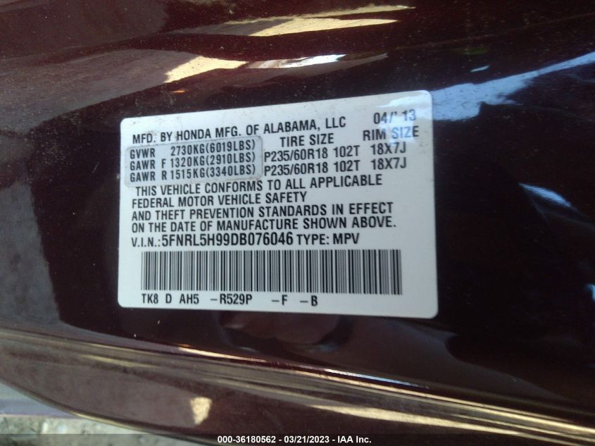2013 HONDA ODYSSEY TOURING - 5FNRL5H99DB076046