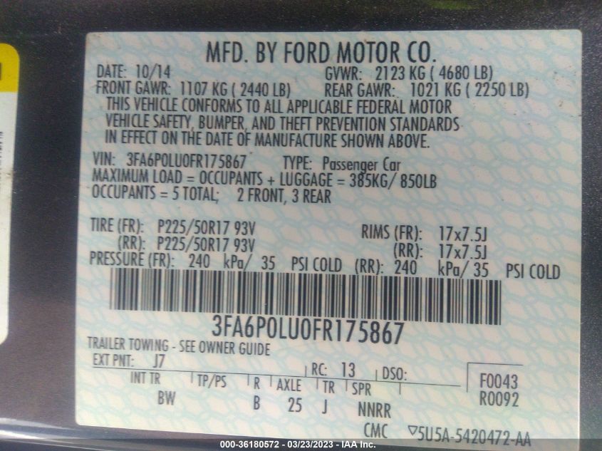 2015 FORD FUSION SE HYBRID - 3FA6P0LU0FR175867