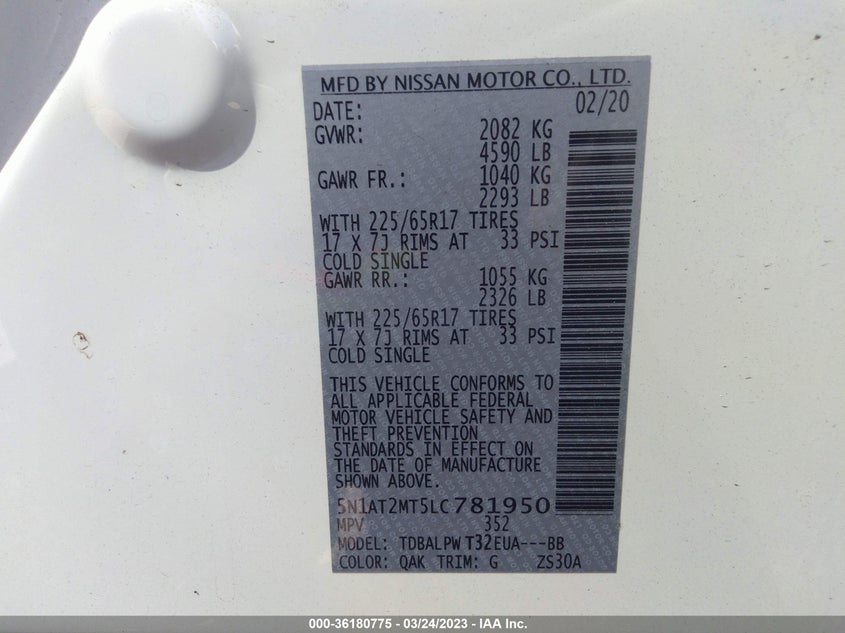 VIN 5N1AT2MT5LC781950 2020 NISSAN ROGUE S
