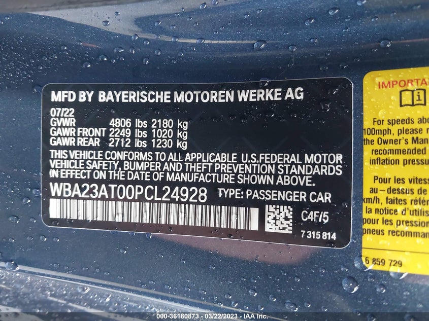 VIN WBA23AT00PCL24928 2023 BMW 4 SERIES 430I