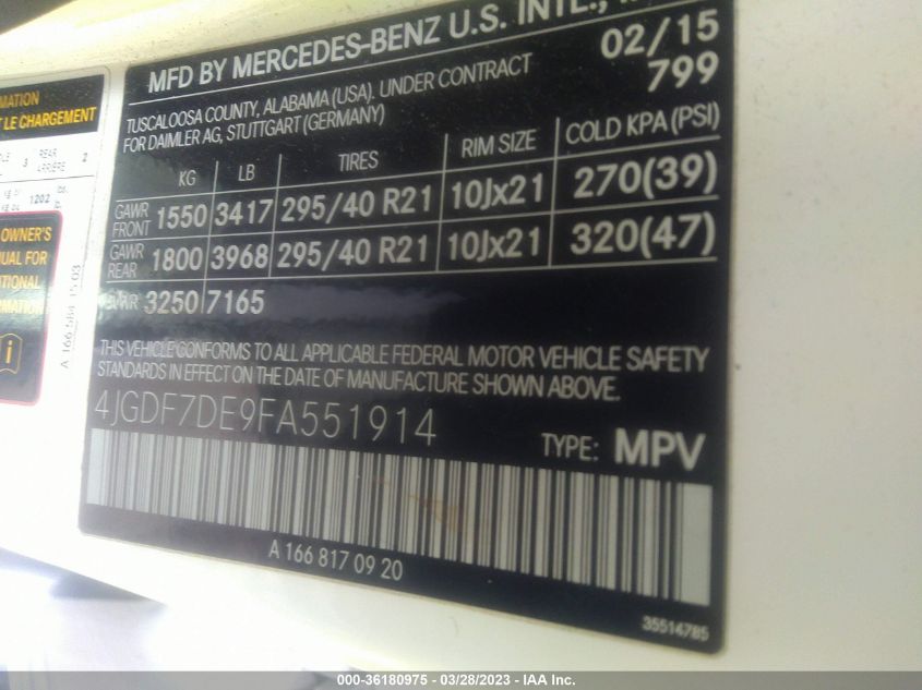 2015 MERCEDES-BENZ GL-CLASS GL 550 4JGDF7DE9FA551914