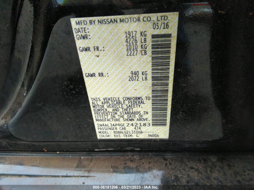 2016 NISSAN ALTIMA 2.5 S - 1N4AL3AP4GC242183