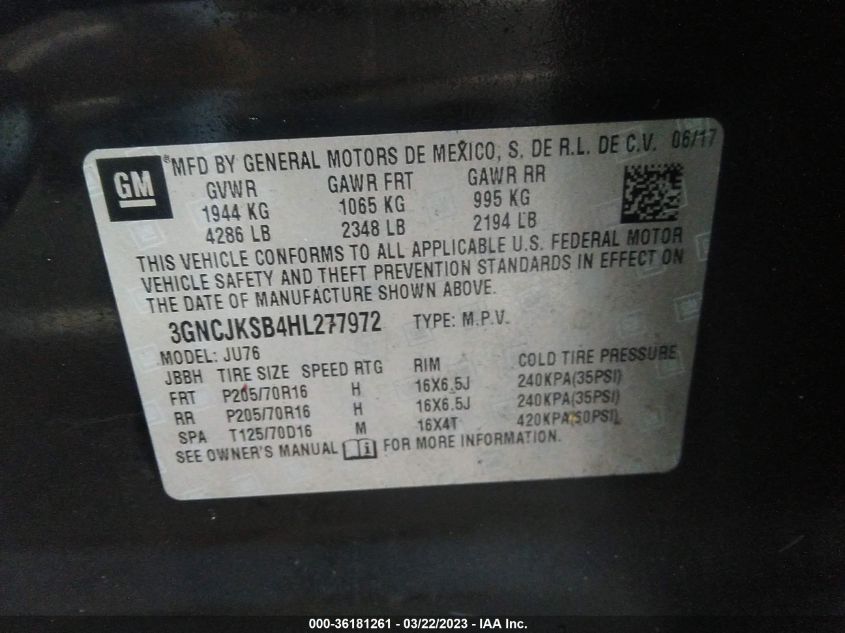 2017 CHEVROLET TRAX LS - 3GNCJKSB4HL277972