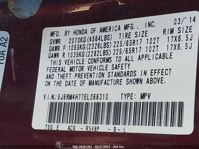 2014 HONDA CR-V EX-L - 5J6RM4H77EL066310