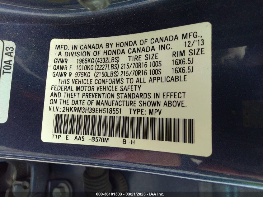 2014 HONDA CR-V LX - 2HKRM3H39EH518551