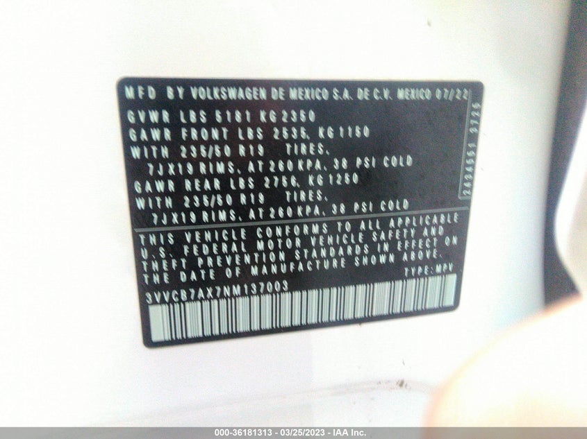 VIN 3VVCB7AX7NM137003 2022 VOLKSWAGEN TIGUAN SE R-LINE BLACK