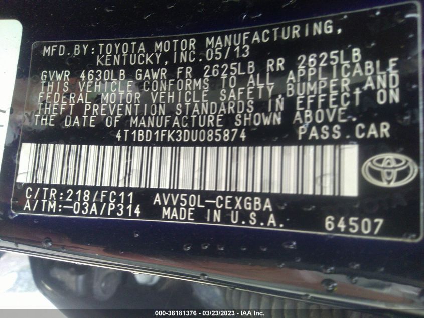 2013 TOYOTA CAMRY HYBRID LE/XLE - 4T1BD1FK3DU085874