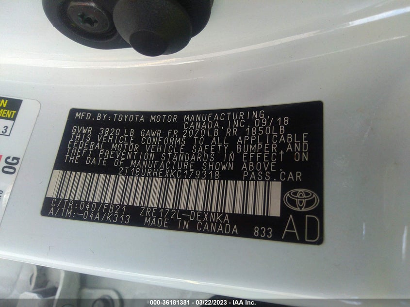 VIN 2T1BURHEXKC179318 2019 TOYOTA COROLLA L/LE/SE/XLE/XSE