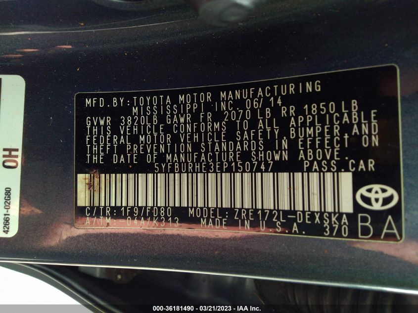 2014 TOYOTA COROLLA L/LE/S/S PLUS/LE PLUS - 5YFBURHE3EP150747