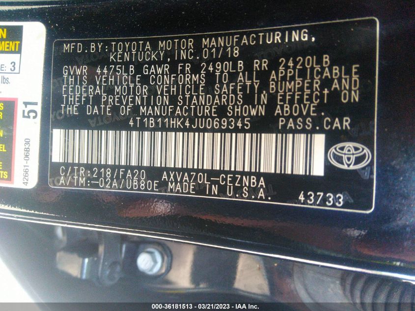 2018 TOYOTA CAMRY LE/SE/XLE/L - 4T1B11HK4JU069345