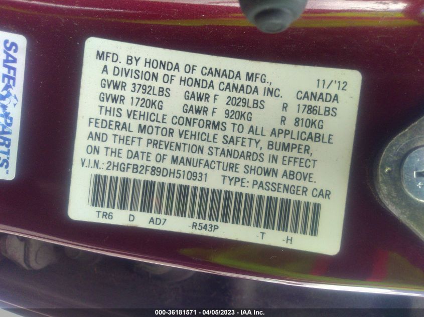 2013 HONDA CIVIC EX - 2HGFB2F89DH510931