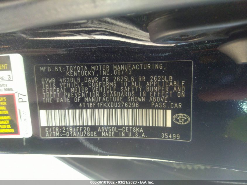 2013 TOYOTA CAMRY L/LE/SE/XLE - 4T1BF1FKXDU276296