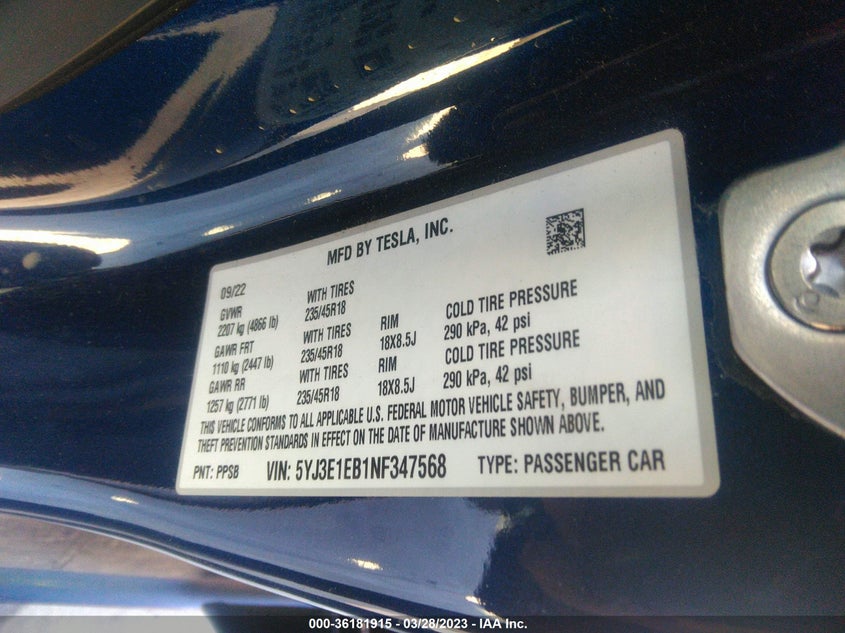VIN 5YJ3E1EB1NF347568 2022 TESLA MODEL 3 LONG RANGE