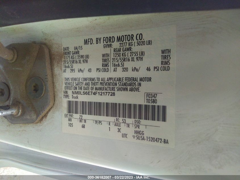 2015 FORD TRANSIT CONNECT XL - NM0LS6E74F1217728