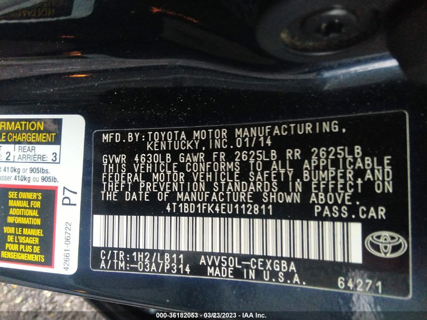 2014 TOYOTA CAMRY HYBRID LE/XLE/SE LIMITED EDITION - 4T1BD1FK4EU112811