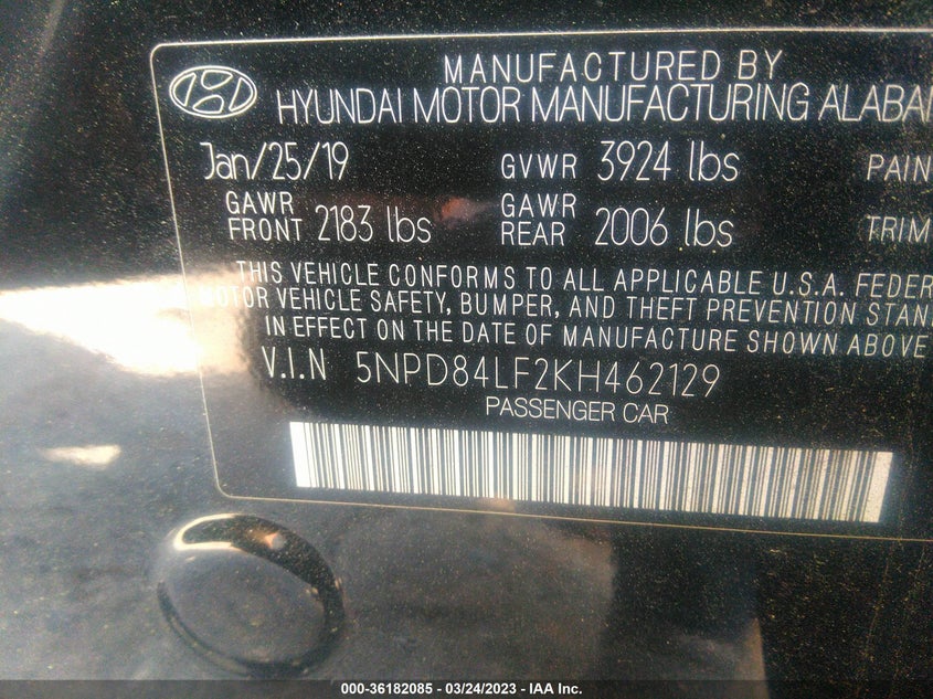 VIN 5NPD84LF2KH462129 2019 HYUNDAI ELANTRA SEL