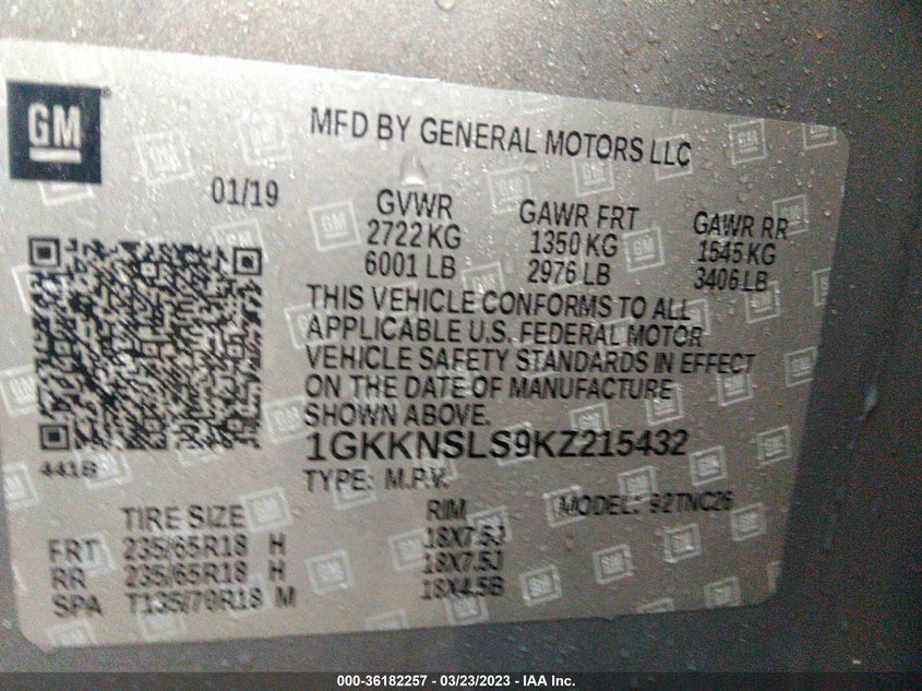VIN 1GKKNSLS9KZ215432 2019 GMC ACADIA SLE