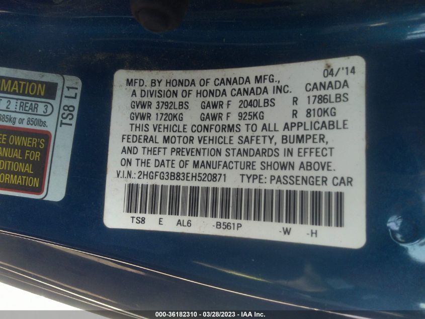 2014 HONDA CIVIC COUPE EX - 2HGFG3B83EH520871