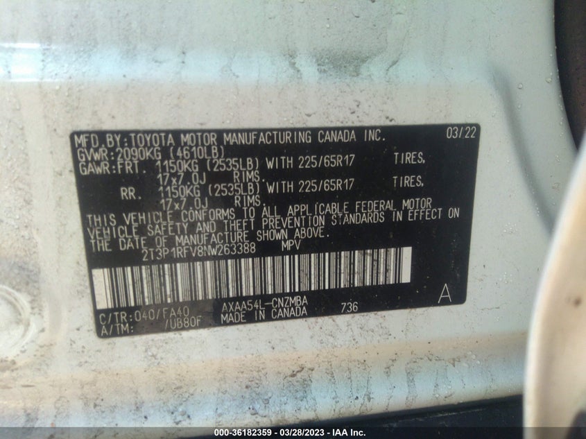 VIN 2T3P1RFV8NW263388 2022 TOYOTA RAV4 XLE