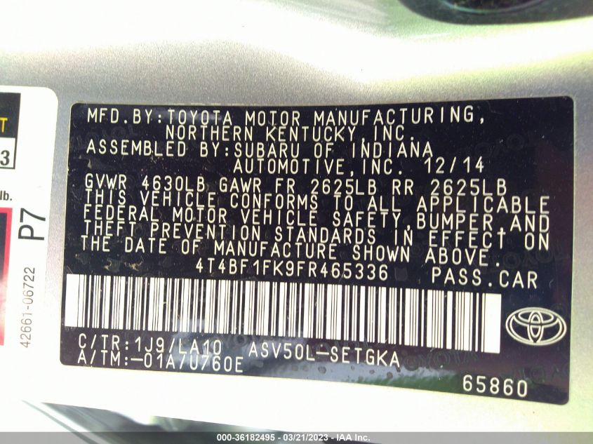 2015 TOYOTA CAMRY XLE/SE/LE/XSE - 4T4BF1FK9FR465336