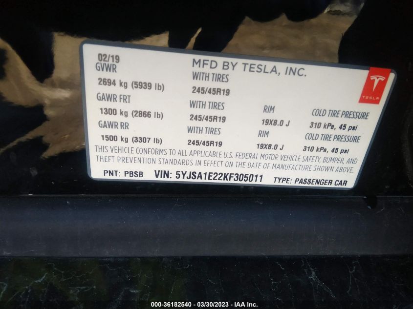 2019 TESLA MODEL S - 5YJSA1E22KF305011