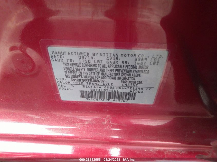 2014 NISSAN VERSA SV - 3N1CN7AP2EL869702