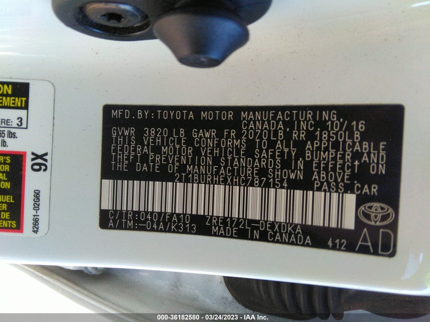 VIN 2T1BURHEXHC787154 2017 TOYOTA COROLLA L/LE/XLE/SE
