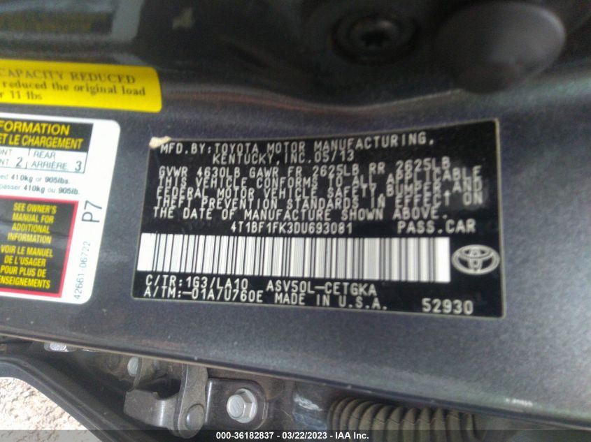 2013 TOYOTA CAMRY L/LE/SE/XLE - 4T1BF1FK3DU693081