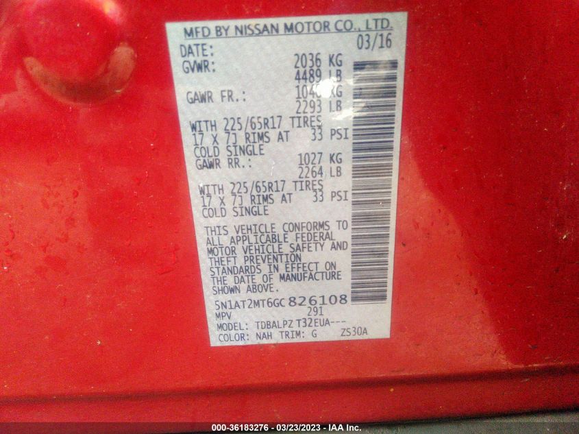 2016 NISSAN ROGUE SV/SL/S - 5N1AT2MT6GC826108