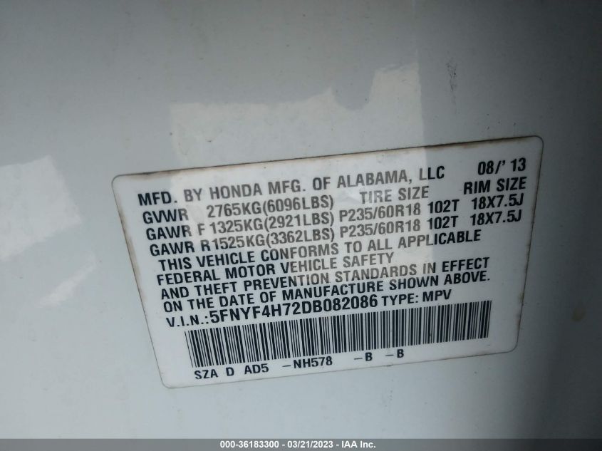 2013 HONDA PILOT EX-L - 5FNYF4H72DB082086