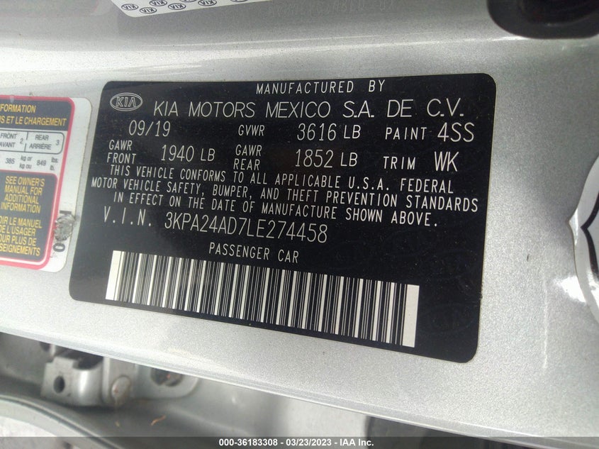 VIN 3KPA24AD7LE274458 2020 KIA RIO S